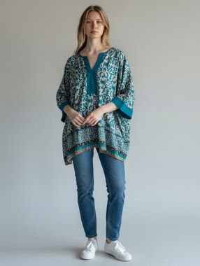 Boho-Print Teal Women's Tunic Top by